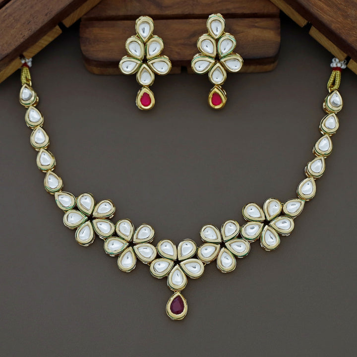 Five Flower Kundan Neckpiece With Earring (Colour Option)