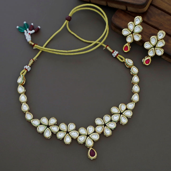 Five Flower Kundan Neckpiece With Earring (Colour Option)