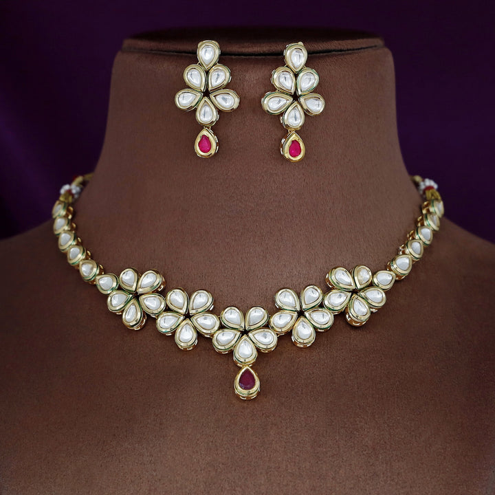 Five Flower Kundan Neckpiece With Earring (Colour Option)