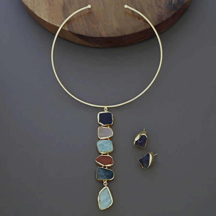 Acelee Multicolour Raw Stone Neck Cuff With Stud
