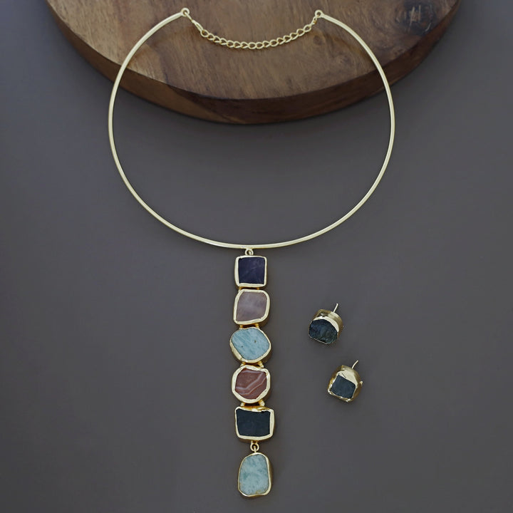 Acelee Multicolour Raw Stone Neck Cuff With Stud