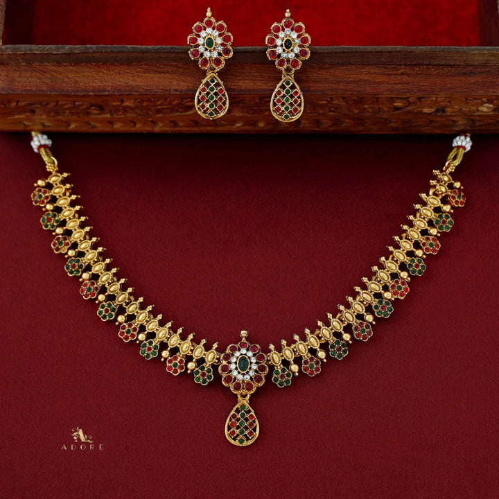Adyashree Floral Kemp Short Neckpiece With Earring