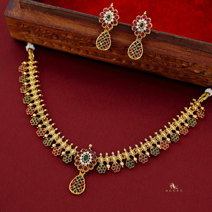 Adyashree Floral Kemp Short Neckpiece With Earring