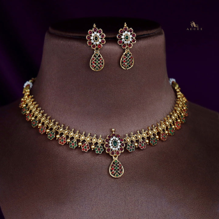 Adyashree Floral Kemp Short Neckpiece With Earring