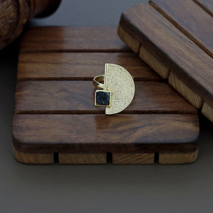 Golden Textured Semi Circle Druzy Stone Ring