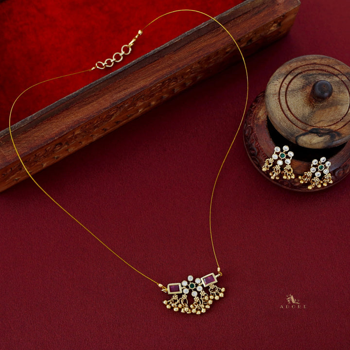 Priksha Floral Golden Beads String Neckpiece With Earring