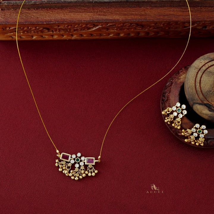 Priksha Floral Golden Beads String Neckpiece With Earring