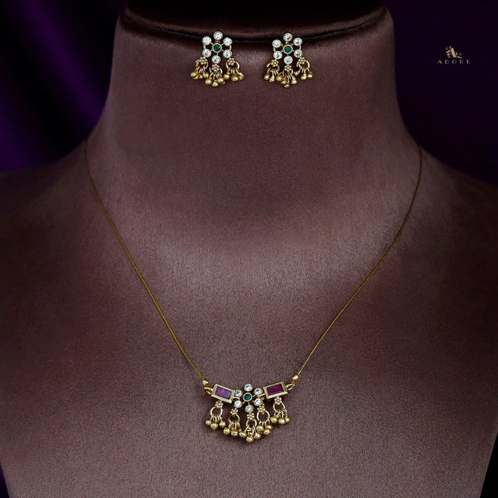 Priksha Floral Golden Beads String Neckpiece With Earring
