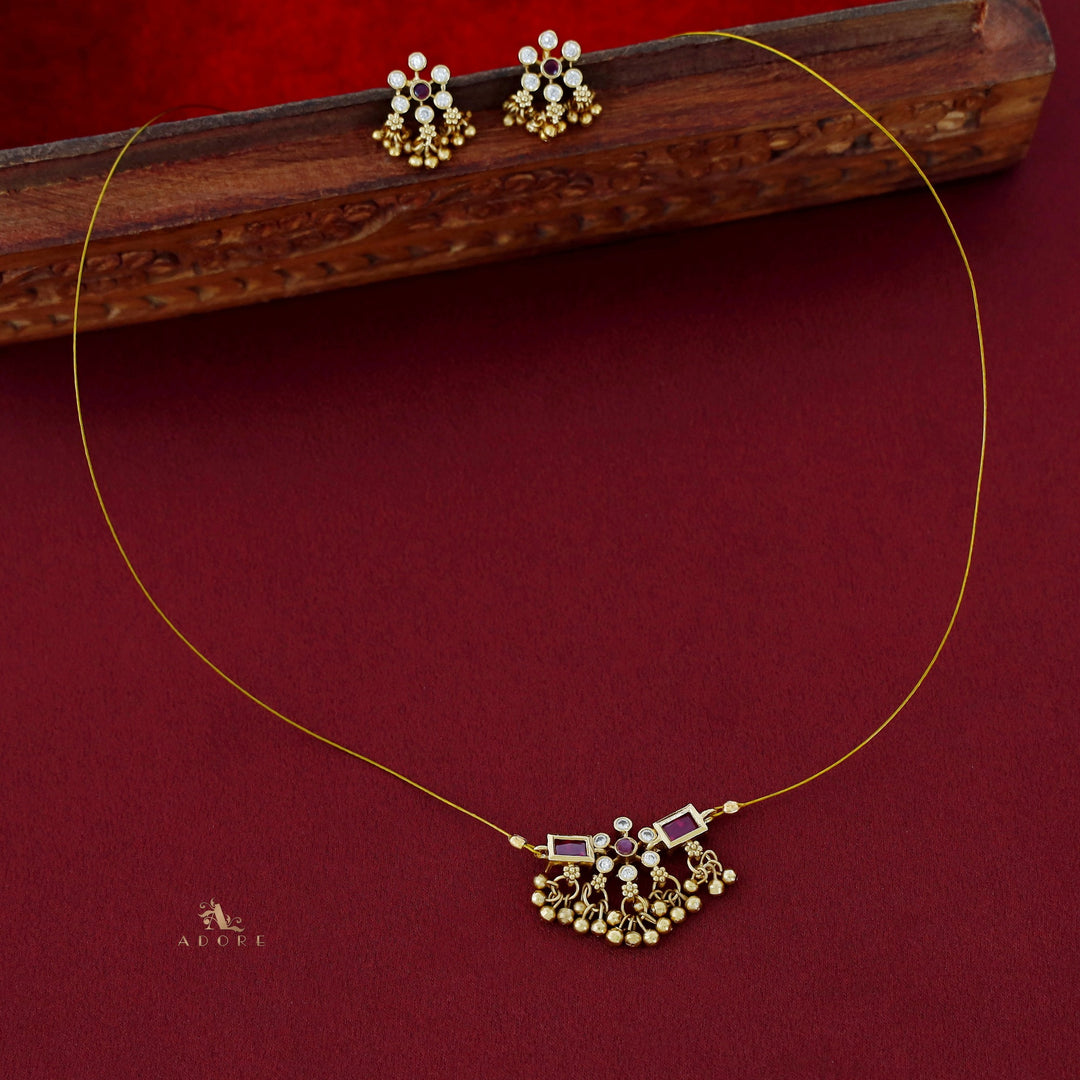 Priksha Floral Golden Beads String Neckpiece With Earring