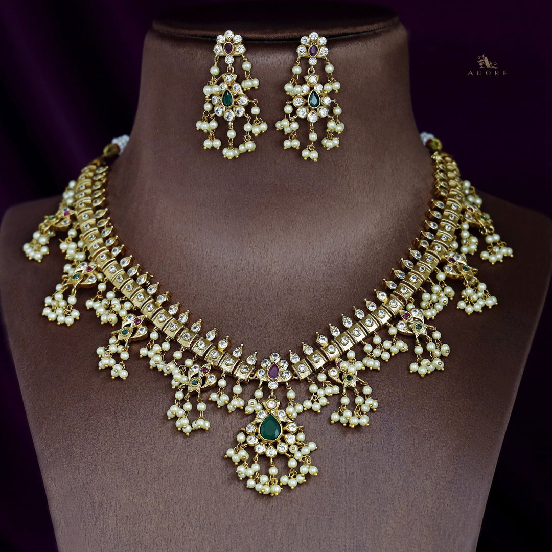 Premium Apsara Pearl Bridal Short Neckpiece With Earring