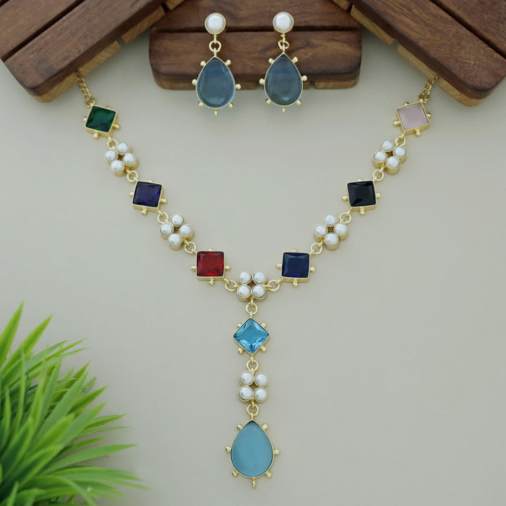 Cailyn Glossy Stone Pearl Neckpiece With Earring