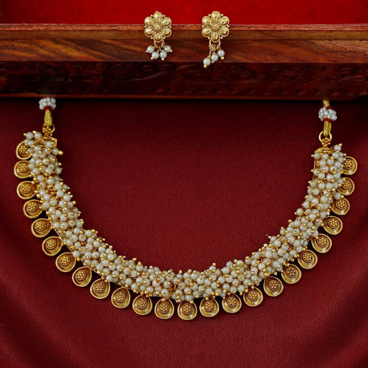 Agnikaa Cluster Pearl And Golden Ball Short Neckpiece With Earring