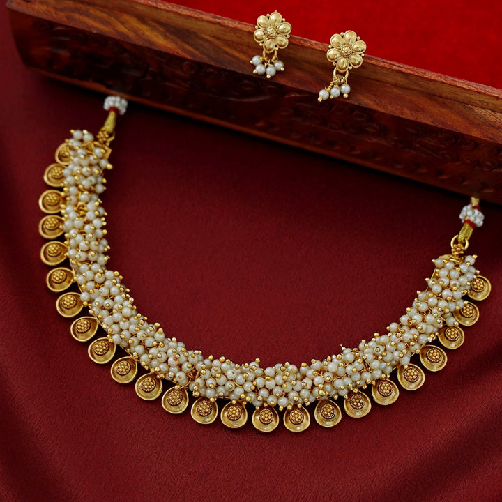 Agnikaa Cluster Pearl And Golden Ball Short Neckpiece With Earring