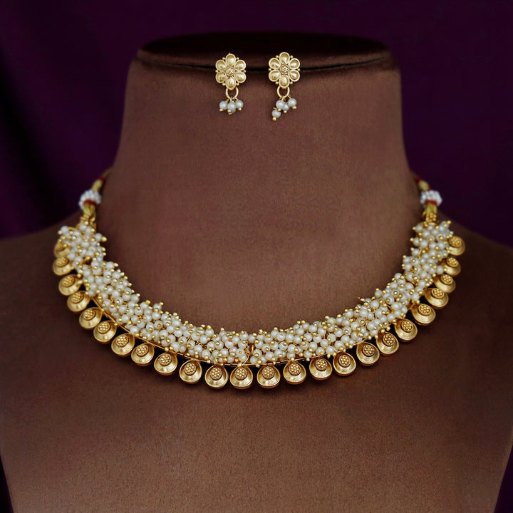 Agnikaa Cluster Pearl And Golden Ball Short Neckpiece With Earring