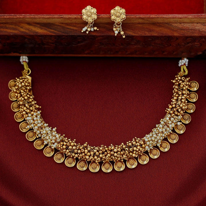 Agnikaa Cluster Pearl And Golden Ball Short Neckpiece With Earring