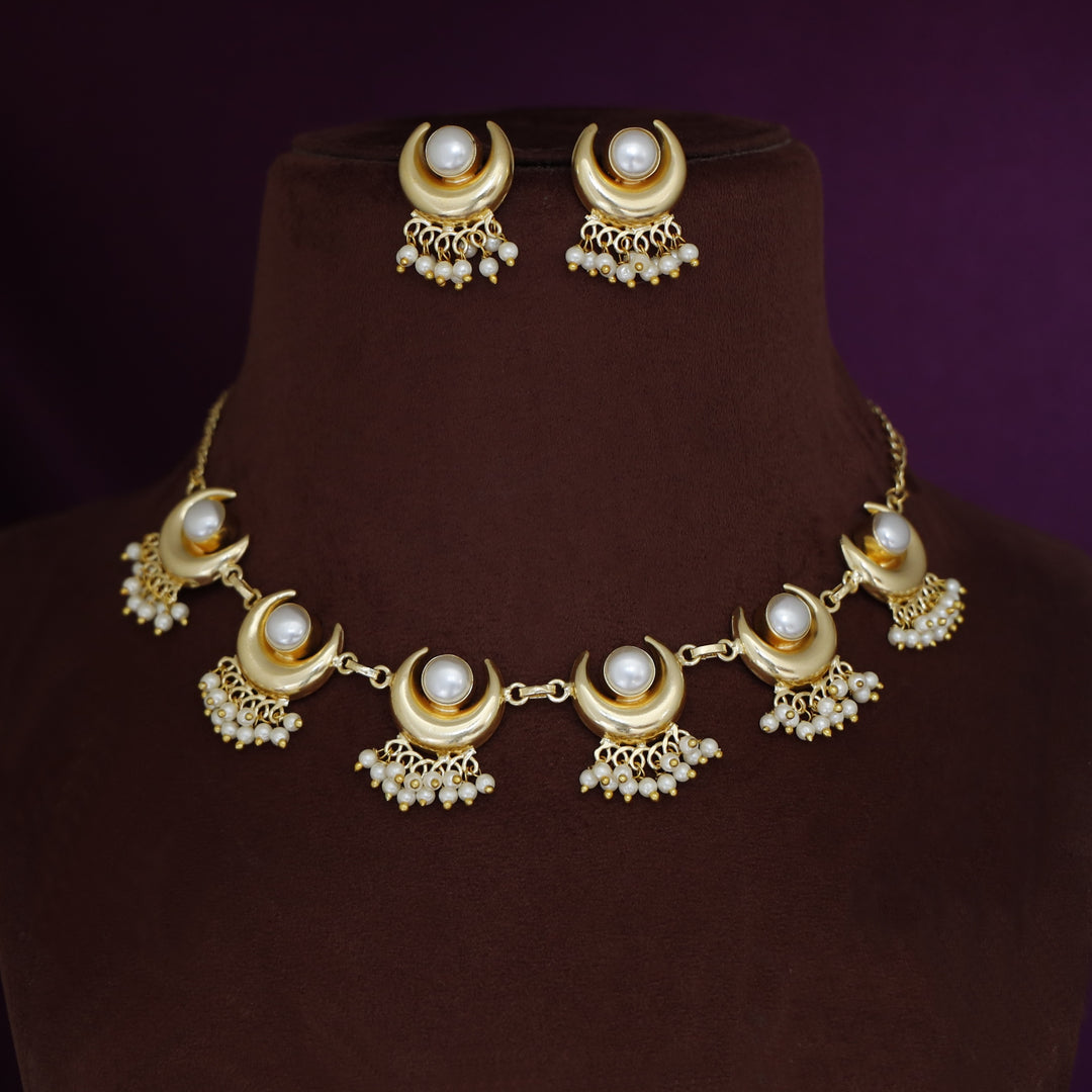 Faloni Golden Half Moon Pearl Short Neckpiece With Earring