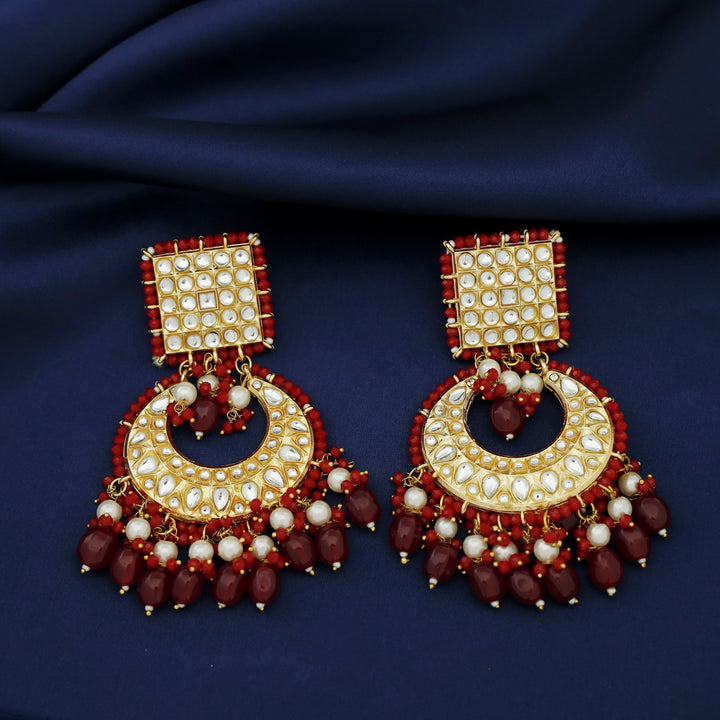 Zinia Kundan Square Half Moon Pearl Bead Chandbali Earring