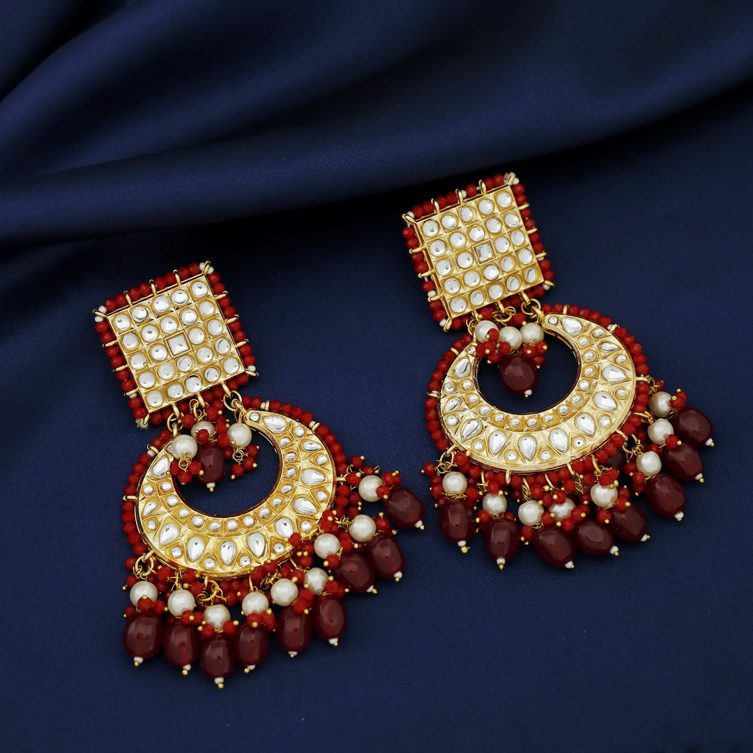 Zinia Kundan Square Half Moon Pearl Bead Chandbali Earring