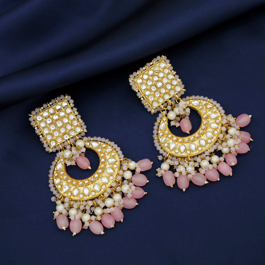 Zinia Kundan Square Half Moon Pearl Bead Chandbali Earring