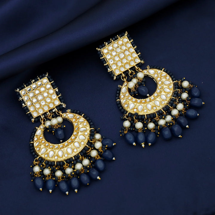 Zinia Kundan Square Half Moon Pearl Bead Chandbali Earring