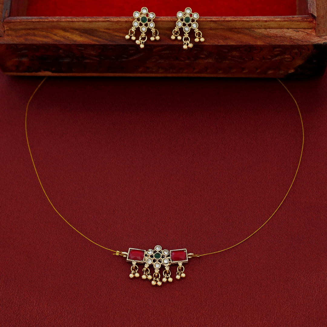 Priksha Floral Golden Beads String Neckpiece With Earring