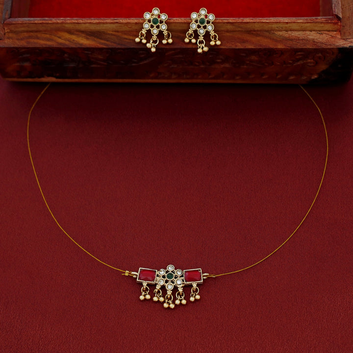Priksha Floral Golden Beads String Neckpiece With Earring