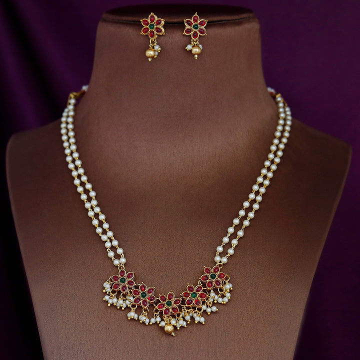 Swara Divya Floral 2 Layer White Pearl Neckpiece With Earring