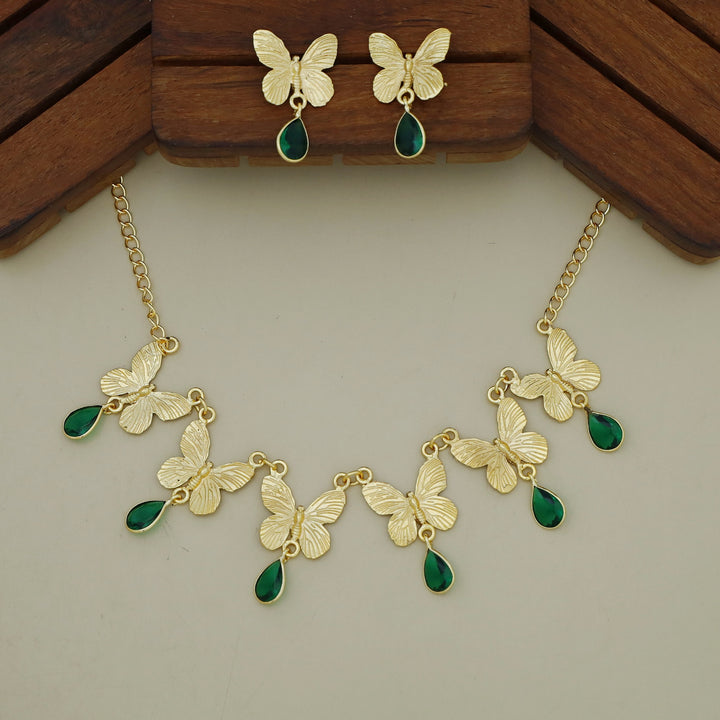 Gold Papillio Drop Glossy Neckpiece With Earring