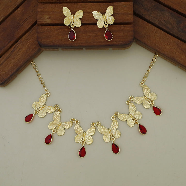 Gold Papillio Drop Glossy Neckpiece With Earring