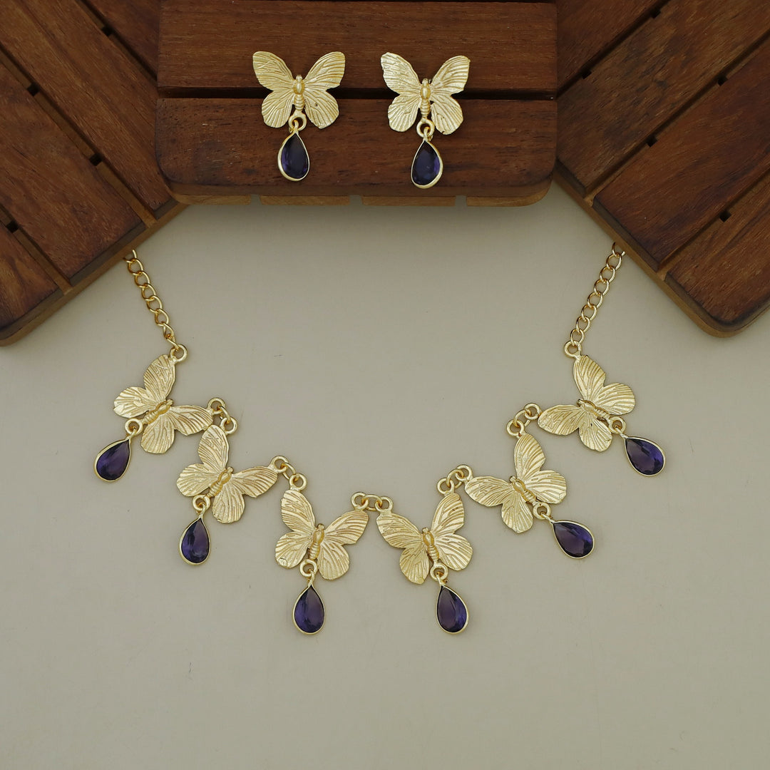 Gold Papillio Drop Glossy Neckpiece With Earring