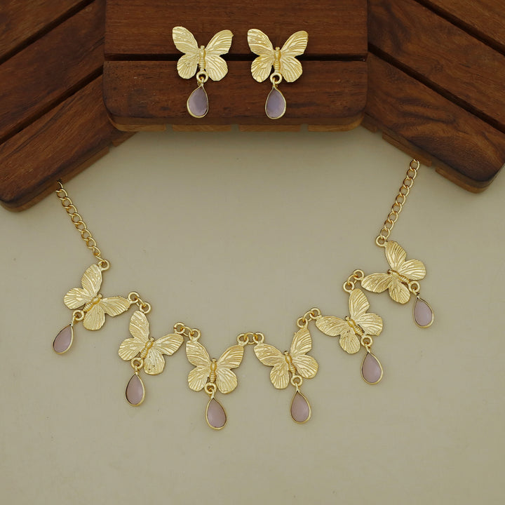 Gold Papillio Drop Glossy Neckpiece With Earring