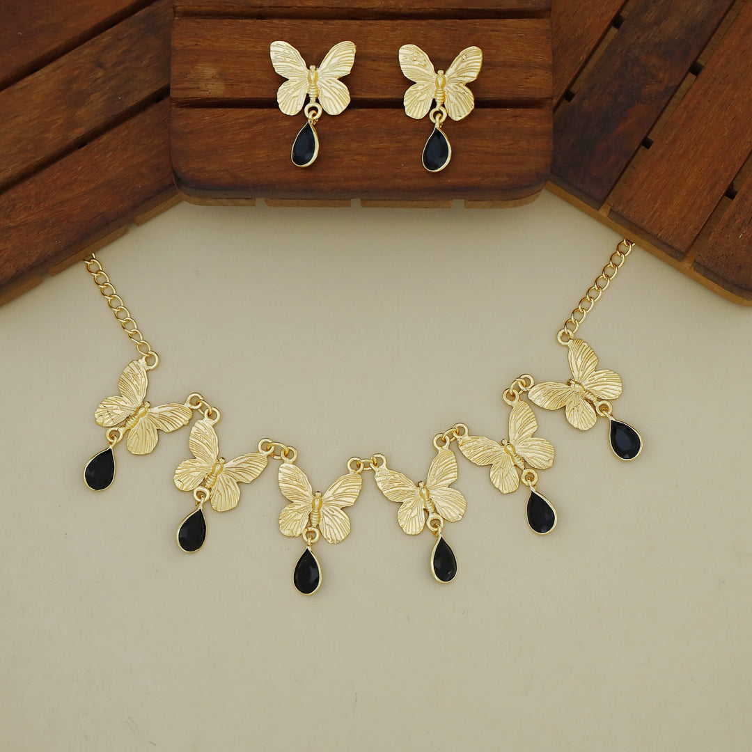 Gold Papillio Drop Glossy Neckpiece With Earring