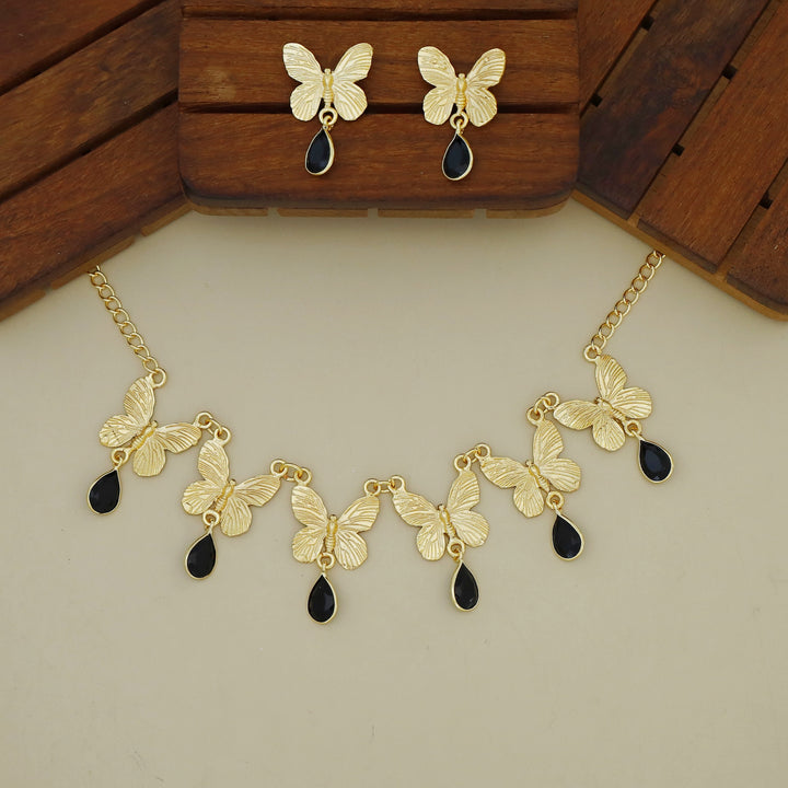 Gold Papillio Drop Glossy Neckpiece With Earring