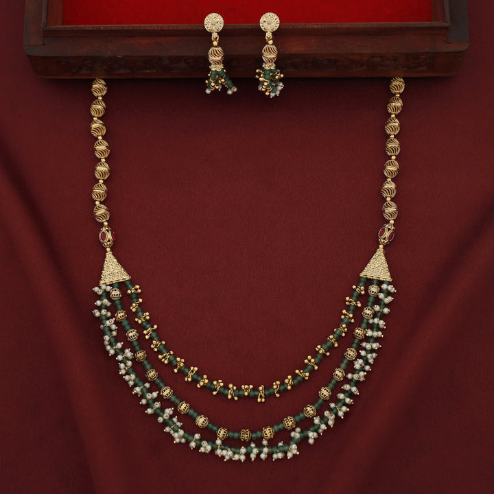 Ishita 3 Layer Beaded Golden Ball Pearl Neckpiece With Earring