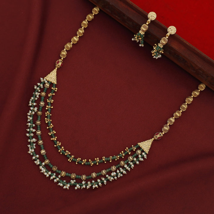 Ishita 3 Layer Beaded Golden Ball Pearl Neckpiece With Earring