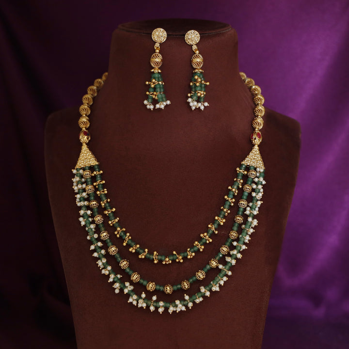 Ishita 3 Layer Beaded Golden Ball Pearl Neckpiece With Earring