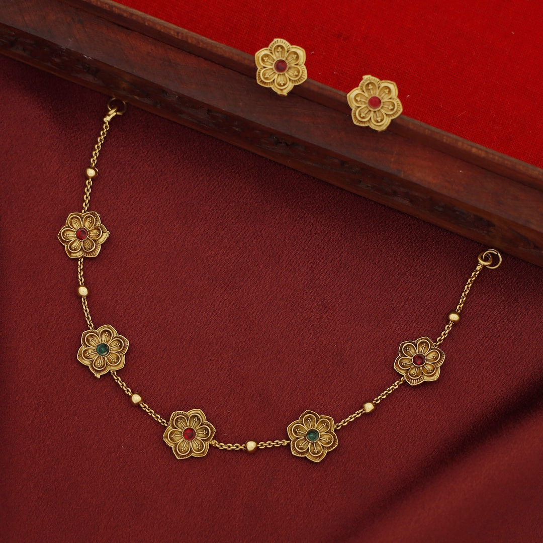 Prathima 5 Flower Golden Ball Short Neckpiece With Earring
