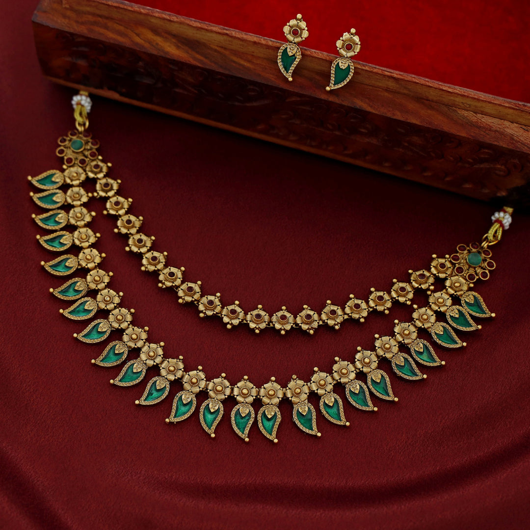 Nilanka 2 Layer Enamel Floral Neckpiece With Earring