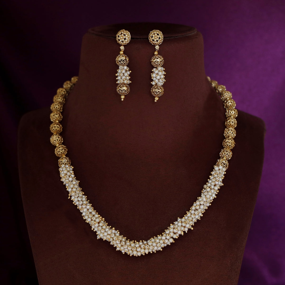 Sheba Golden Ball Cluster Pearl Neckpiece With Earring