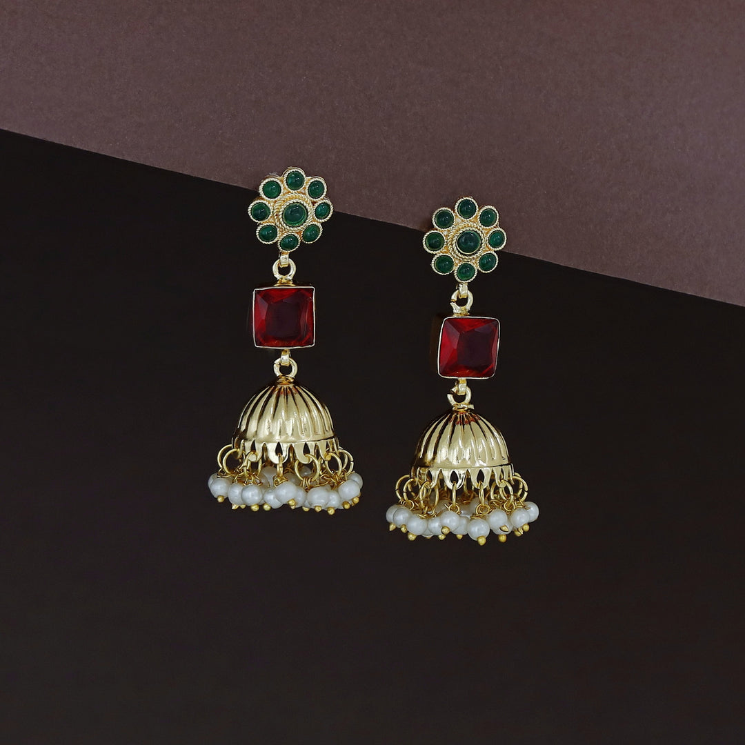 Muktha Golden Floral Glossy Stone Jhumka