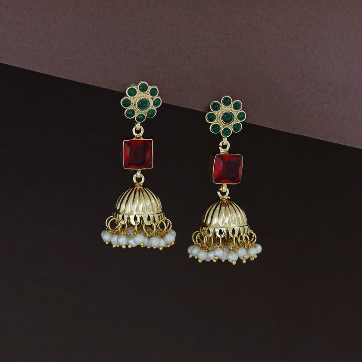 Muktha Golden Floral Glossy Stone Jhumka