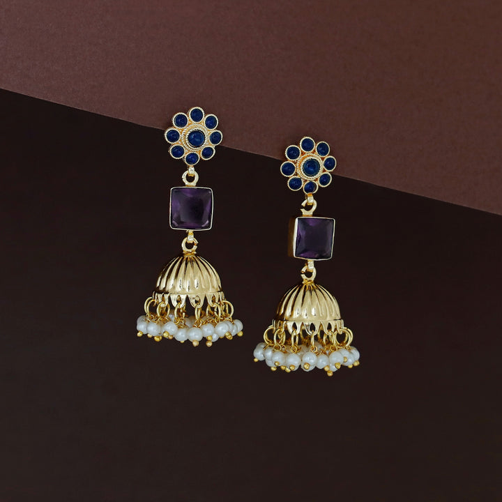 Muktha Golden Floral Glossy Stone Jhumka