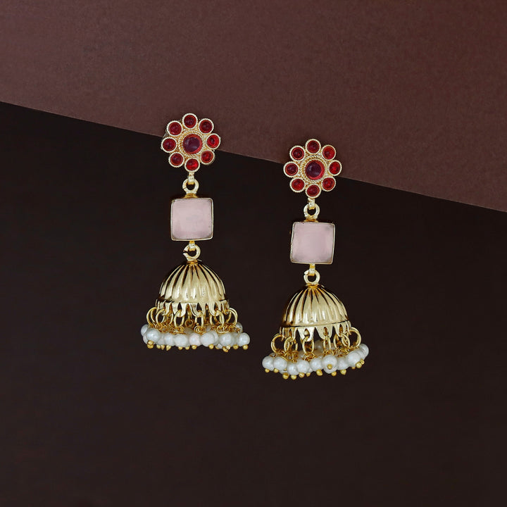 Muktha Golden Floral Glossy Stone Jhumka