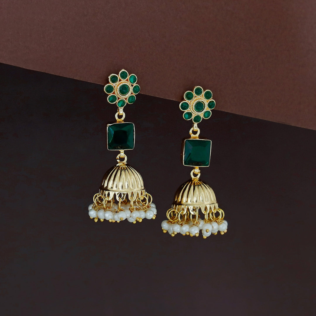 Muktha Golden Floral Glossy Stone Jhumka