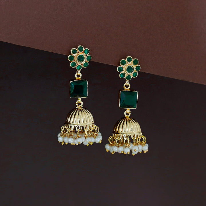Muktha Golden Floral Glossy Stone Jhumka