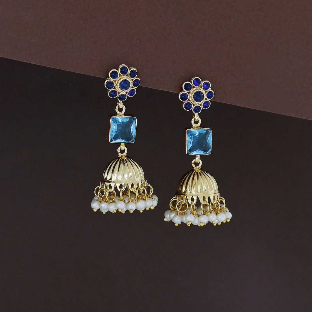 Muktha Golden Floral Glossy Stone Jhumka