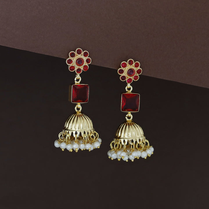 Muktha Golden Floral Glossy Stone Jhumka