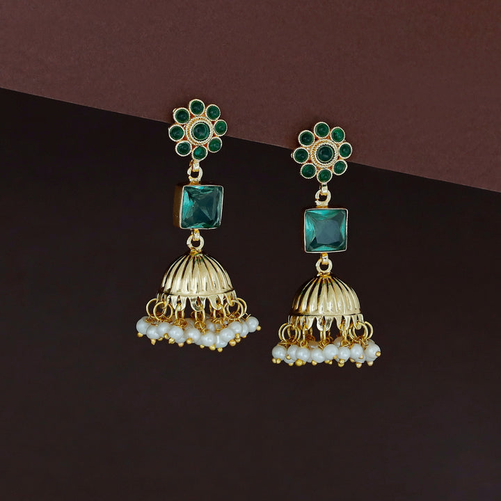 Muktha Golden Floral Glossy Stone Jhumka