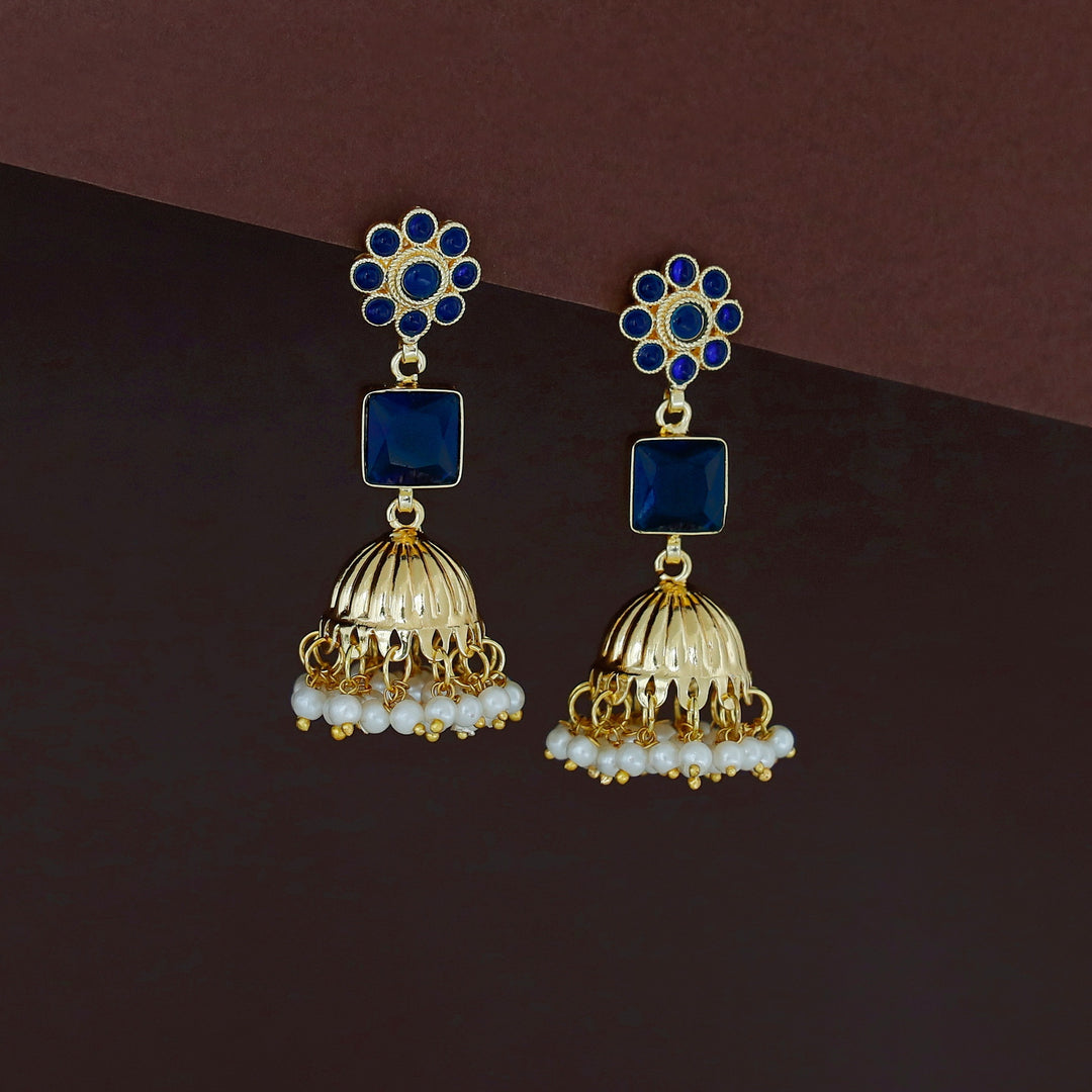 Muktha Golden Floral Glossy Stone Jhumka