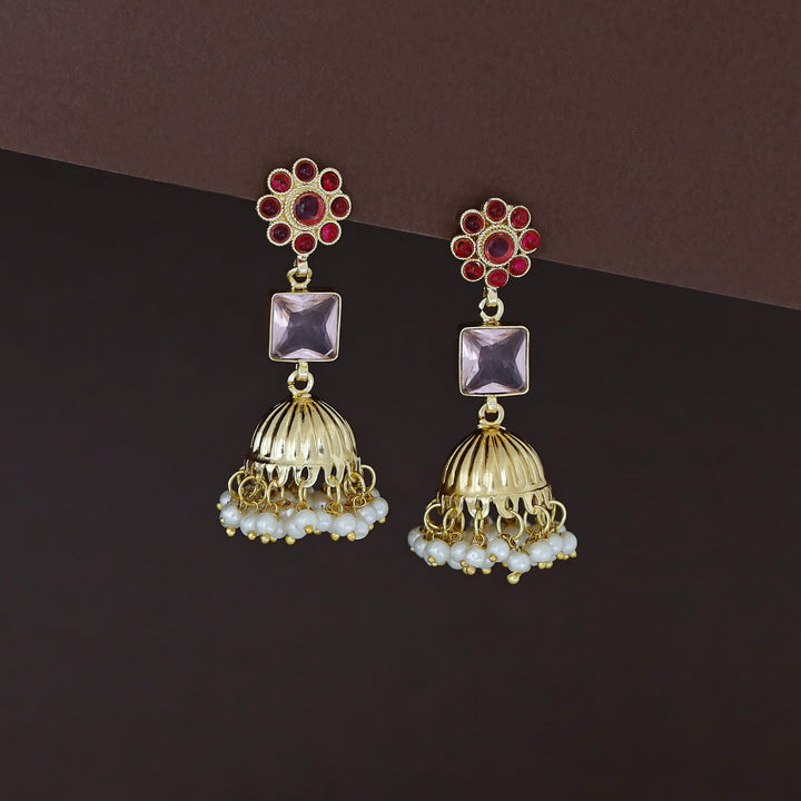 Muktha Golden Floral Glossy Stone Jhumka
